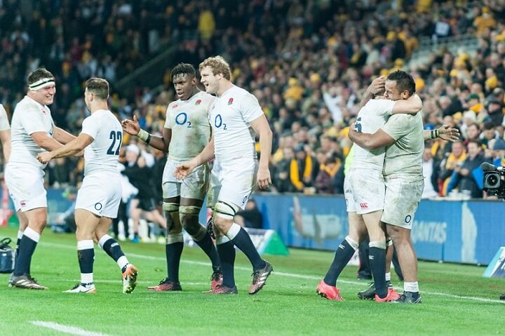 English players celebrate their second win over the Wallabies in two weeks.