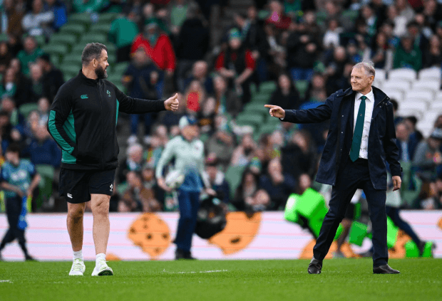 See you Brisbane Andy. Joe Schmidt and Andy Farrell enjoying the occasion. Source: Ramsey Cardy/Sportsfile via Getty Images